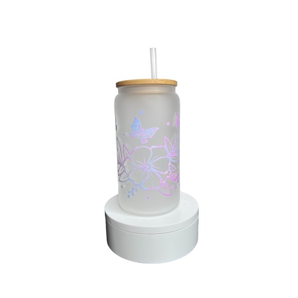 Pink Blue Butterfly and flowers Handmade Libbey Glass Cup - Picture 3 of 5